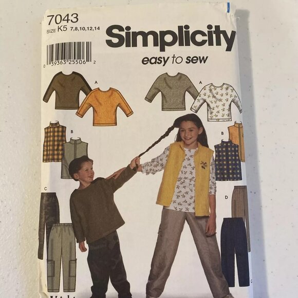 Simplicity Pattern 7043 Girls' and Boys' Vest, Pants, Top Size 7-8-10-12-14 - Picture 1 of 3